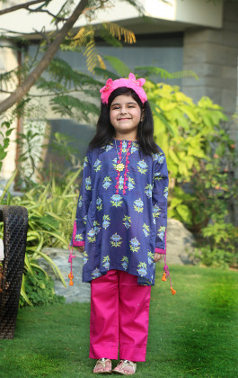 Blue Printed and Embroidered Cambric Girls Kurti